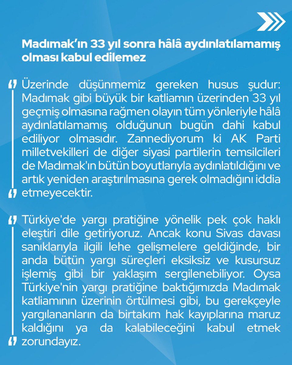 devapartisi's tweet photo. Mehmet Emin Ekmen: “Bütün vatandaşlarımızın kendisini aynı güvenlik içinde ve aynı eşit vatandaşlık hissiyle yaşayabildiği bir ülkeye dönüştüğümüzde büyük iç barışı hayata geçirmiş olacağız.

Madımak örneğinde olduğu gibi, kurgulanmış bir provokasyon harekete geçtiğinde dahi insanların bu provokasyonlara kapılmadığı, demokratik, hoşgörülü, çoğulcu ve barış içinde bir Türkiye'yi inşa etmek zorundayız.”