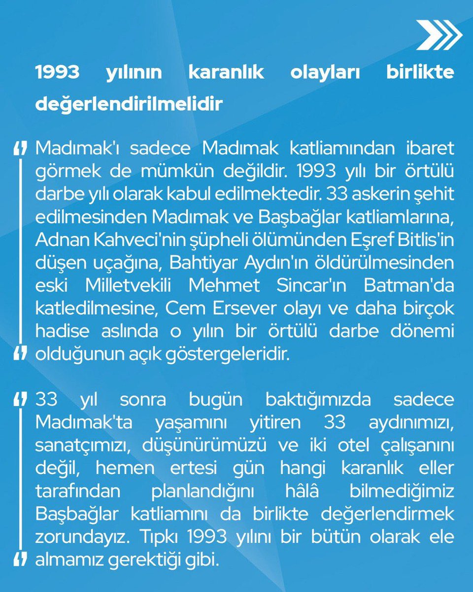 devapartisi's tweet photo. Mehmet Emin Ekmen: “Bütün vatandaşlarımızın kendisini aynı güvenlik içinde ve aynı eşit vatandaşlık hissiyle yaşayabildiği bir ülkeye dönüştüğümüzde büyük iç barışı hayata geçirmiş olacağız.

Madımak örneğinde olduğu gibi, kurgulanmış bir provokasyon harekete geçtiğinde dahi insanların bu provokasyonlara kapılmadığı, demokratik, hoşgörülü, çoğulcu ve barış içinde bir Türkiye'yi inşa etmek zorundayız.”