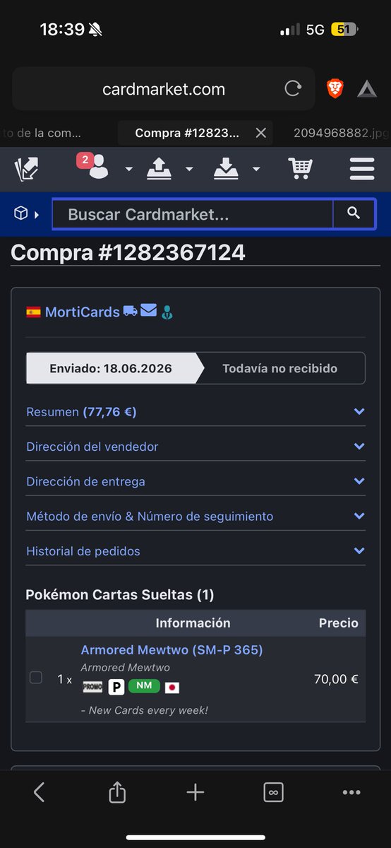 ScreenagerHS's tweet photo. Últimamente el servicio de atención al cliente de @CardmarketPkmn está siendo bastante deficiente. Pido de un tal MortiCards esta carta NM y me llega EX (en EX vale 30€ menos). El vendedor alega que está NM- y que supuestamente estaba especificado en comentarios con el “-“ https://t.co/Q6mK1L2WOq