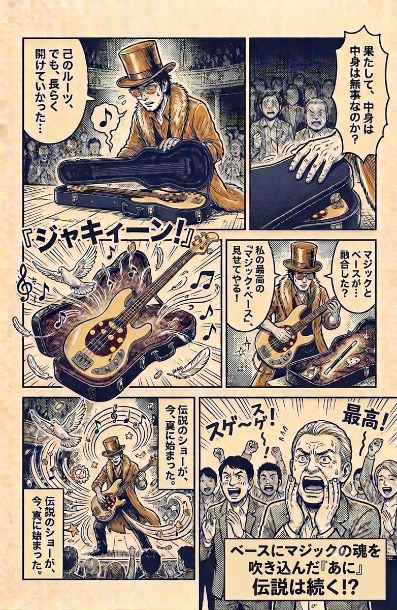 AnikiArea's tweet photo. 第５話『マジックとベースの融合』

マジックに没頭し自身のルーツを忘れていたベーシスト「あに」が、マジックとベースを融合させる。長らく開けていなかったケースから取り出したベースに、マジックの魂を吹き込む衝撃の展開⁉️
観客を熱狂の渦へと巻き込む（笑） https://t.co/ZlcD6Dsszo