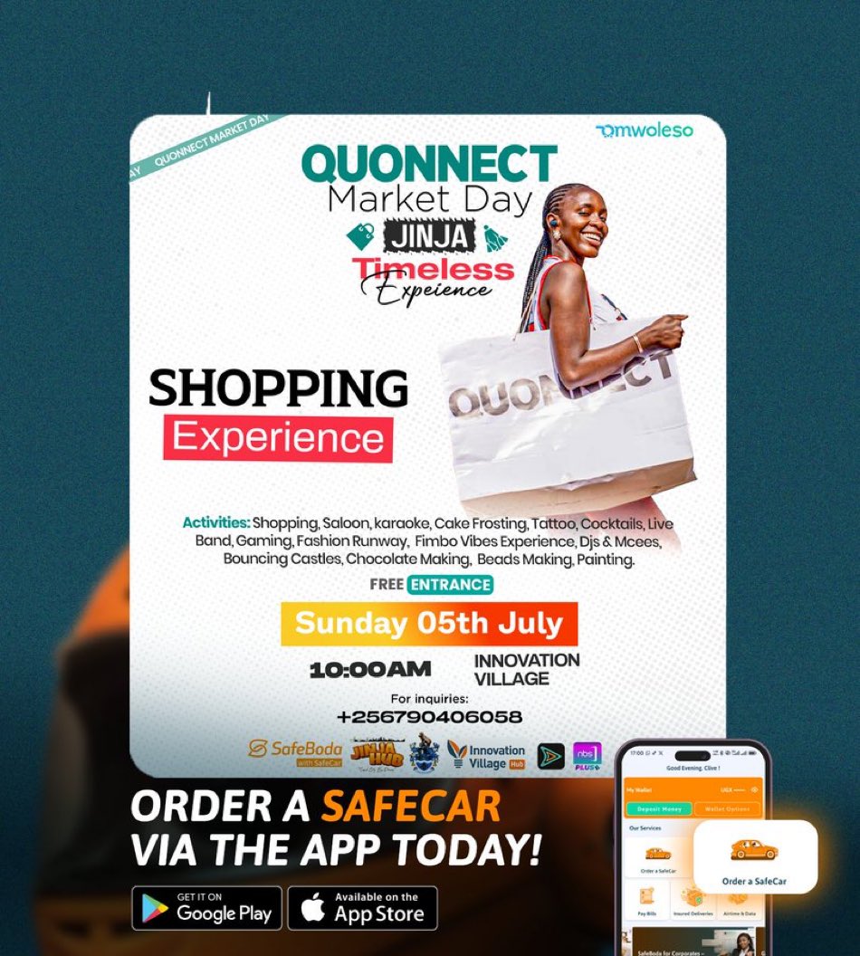 QuonnectMarketD's tweet photo. Let’s be part of the quonnect market day

Come 5th July at innovation village jinja Order

Book that @SafeBoda  at reduced prices to the market place 
#QuonnectMarketDay🥳🥳🥳 https://t.co/qnlkDJClCr