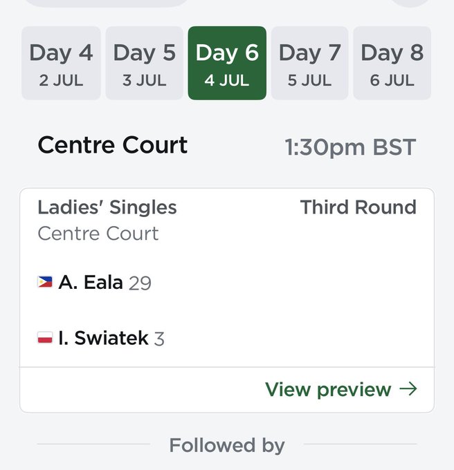ABSCBNNews's tweet photo. Pinay tennis star Alex Eala will face Iga Swiatek on center court at around 8:30 p.m. Manila time on July 4, in the third round of the Wimbledon Championships. | via @tjmanotoc https://t.co/e2HSoRBvOS