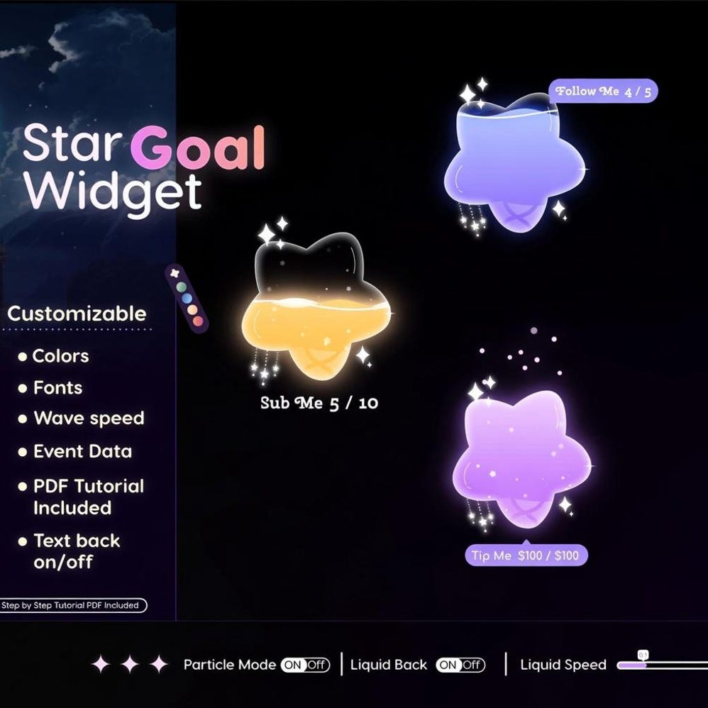 streamwidget's tweet photo. Your donation goal shouldn't look like a boring bar. Star Goal fills with liquid as viewers hit the number — pure magic on screen the moment it caps. Twitch · Streamlabs · StreamElements.