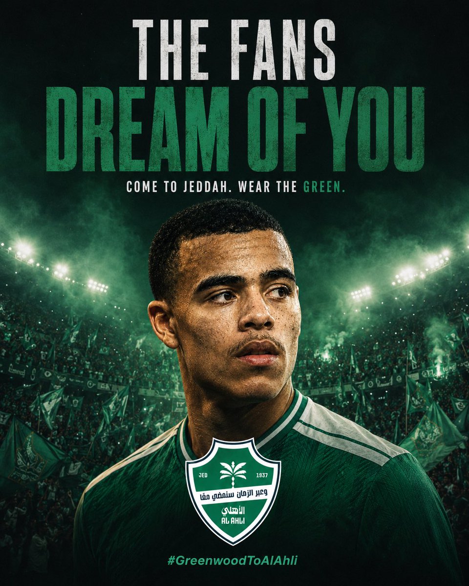 iiABTA's tweet photo. The fans are ready. The city is waiting. The dream is clear. Greenwood to Al Ahli. #GreenwoodToAlAhli 
- @masongreenwood https://t.co/lKVY9NddwN