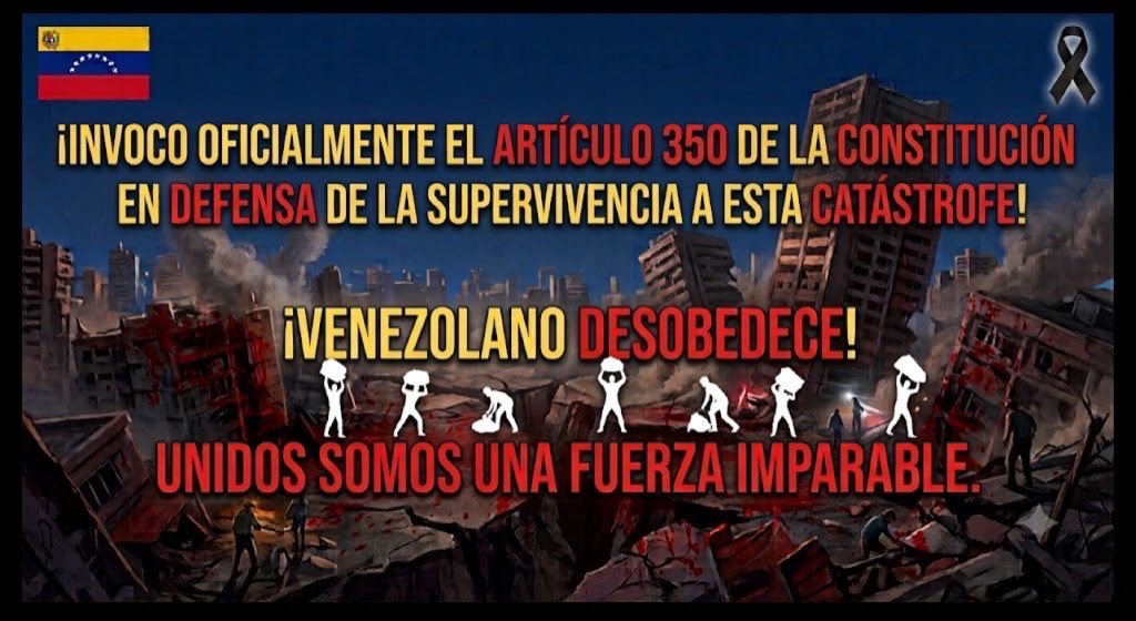 ManoDeDios17's tweet photo. Invoco el Artículo 350 de la Constitución de Venezuela 🆘🇻🇪🆘

Y ME DECLARO EN DESOBEDIENCIA CONTRA EL RÉGIMEN CRIMINAL . 

🆘️Exigimos una Junta de Gobierno Democrática.

🆘️Cronograma Electoral Ya.
 
Esto no es negligencia, es genocidio. 

¿Hasta cuando? 🤬✊🏻🇻🇪🆘😡✊🏻 https://t.co/05EPX3VUBI