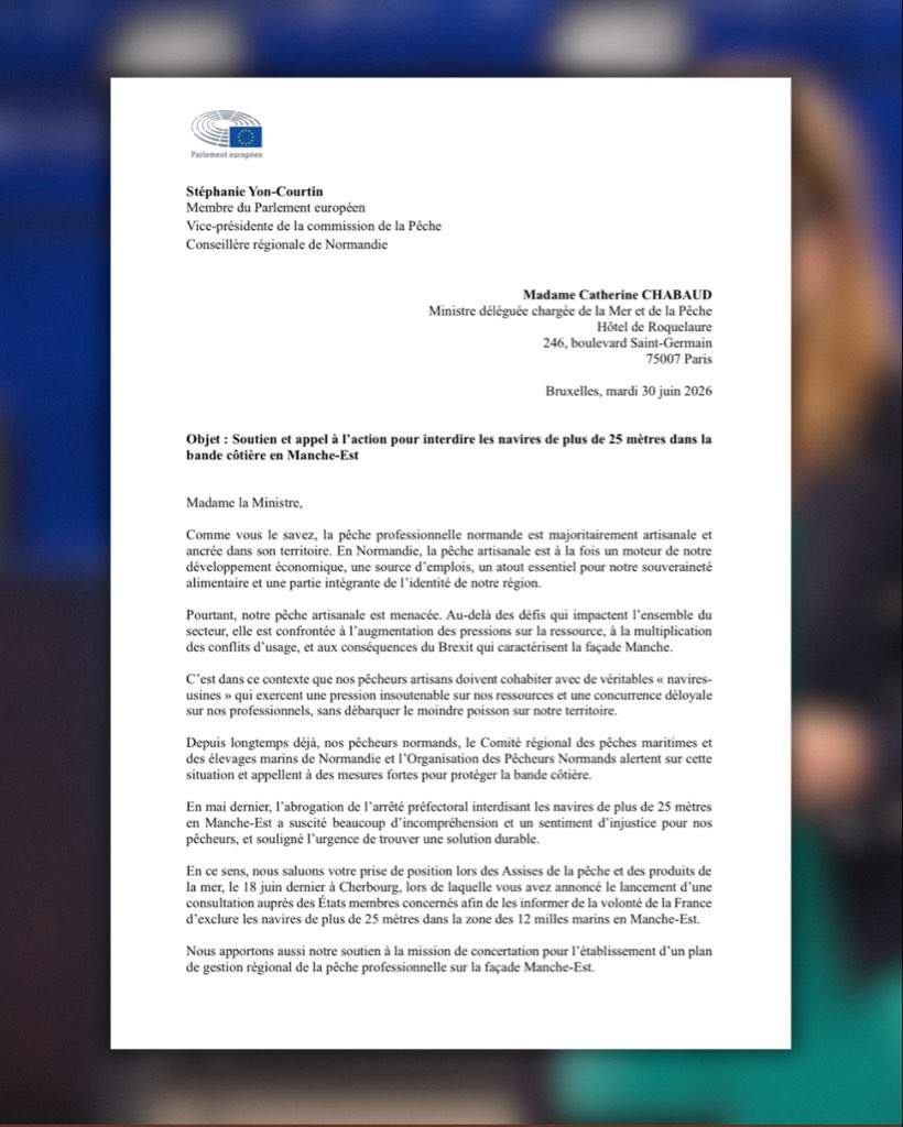 s_yoncourtin's tweet photo. 🚨 Avec mes collègues parlementaires, j’interpelle la Ministre @CathChabaud pour interdire les navires de +25m dans la bande côtière en Manche-Est.

Nos pêcheurs artisans normands subissent une concurrence déloyale insoutenable. Le droit européen le permet : il faut agir vite. 🇫🇷🇪🇺