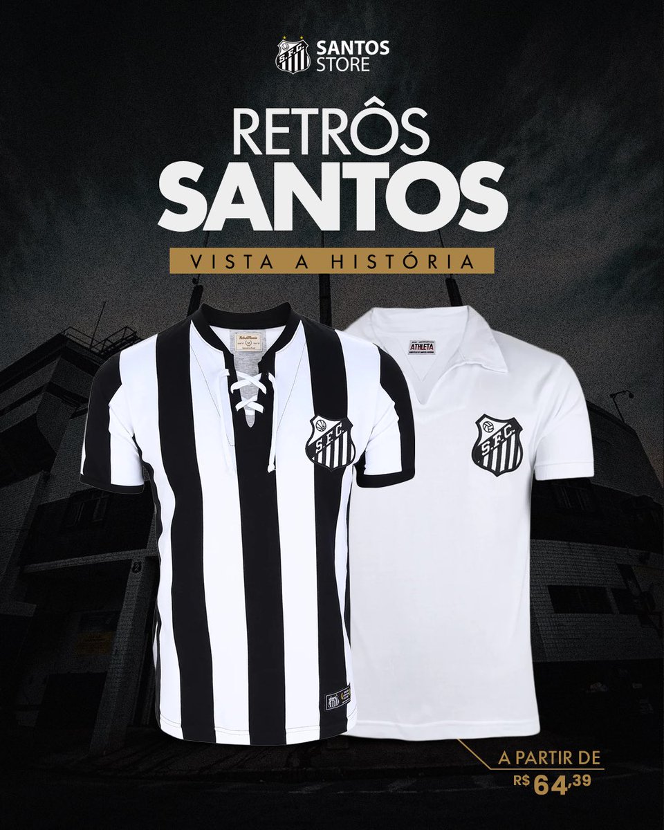 SantosFC's tweet photo. Linha de camisas retrô do Peixão! 🤍🖤

Modelos clássicos, cheios de história, a partir de R$ 64,39.

🛒 Garanta a sua na Santos Store: https://t.co/8EGNR6mAC9 https://t.co/S37afALRJm