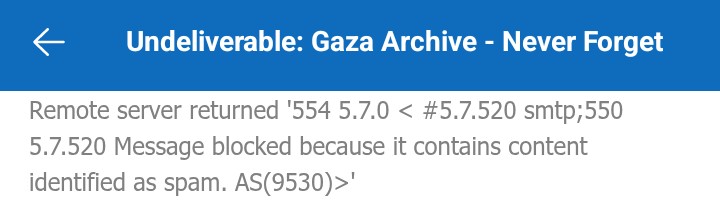 BenRodef's tweet photo. I just tried to email this link to myself and immediately received a bounce back. The email only had the subject line you see in the screenshot and a link to the site in the body of the email. Sent via the Outlook app.

Fuck @Microsoft. Fuck Israel. Fuck the Jews. https://t.co/xKXItvigj3