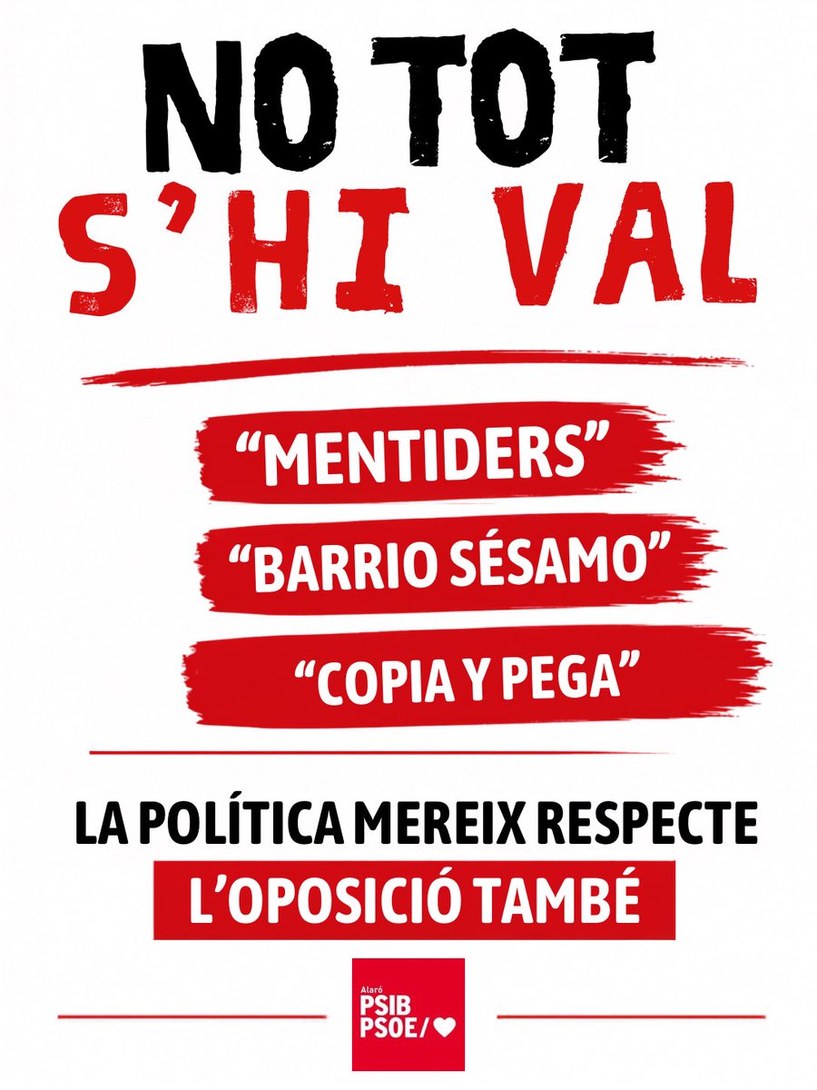 psoealaro's tweet photo. NO TOT S'HI VAL.

L'oposició és una part legítima de qualsevol democràcia. Fiscalitzar, proposar i discrepar forma part de la nostra feina.

Per això lamentam profundament el to emprat per membres de l'equip de govern durant la Comissió Informativa i el Ple. https://t.co/gLmoMEd4UW