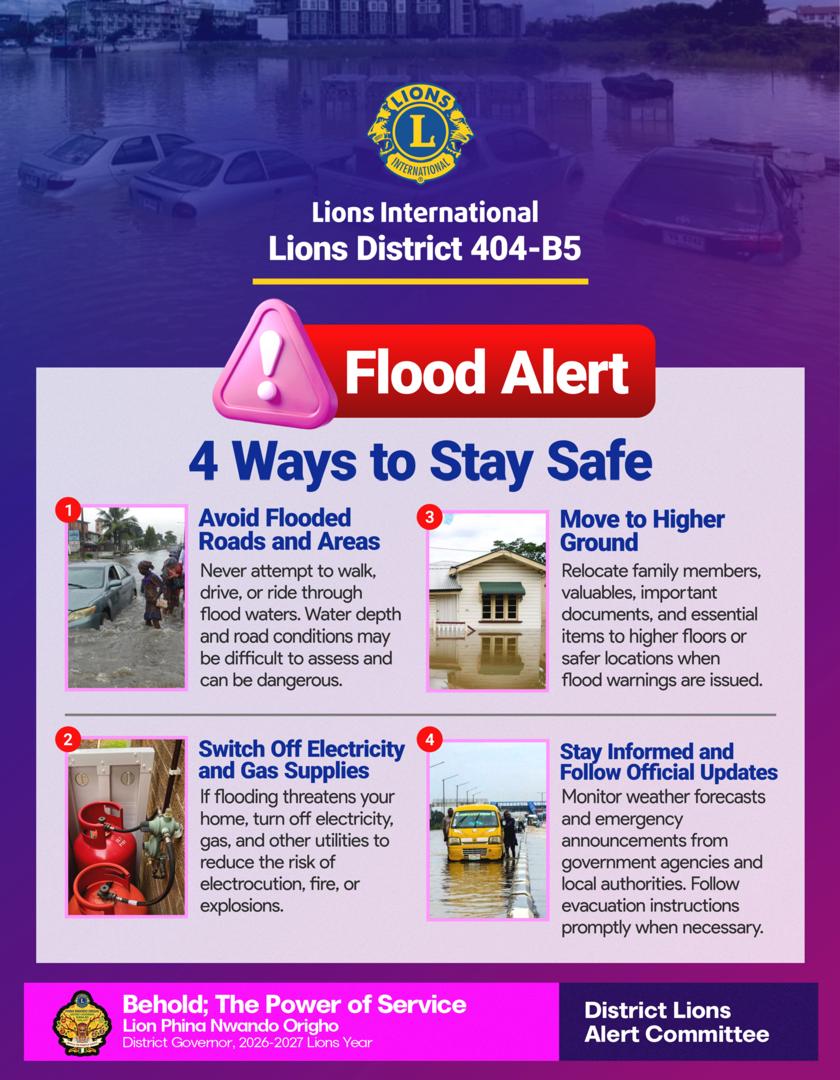 District404B5Ng's tweet photo. FLOOD ALERT-Lions District 404-B5Rains here! Stay safe:
• Avoid flooded roads
• Switch off power/gas if water enters
• Move to higher ground with family & valuables
• Check NIMET/NEMA updates Report: 08033682759 | 07069241977 | 07036737122
#PowerOfService #District404B5 https://t.co/KxtULGpbch