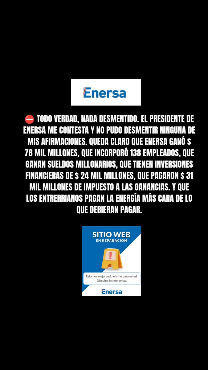 mpcasaretto's tweet photo. ⛔ TODO VERDAD, NADA DESMENTIDO. El Presidente de ENERSA me contesta y no pudo desmentir NINGUNA de mis afirmaciones. 

Queda claro que ENERSA ganó $ 78 mil millones, que incorporó 138 empleados, que ganan sueldos millonarios, que tienen inversiones financieras de $ 24 mil millones, que pagaron $ 31 mil millones de impuesto a las ganancias. Y que los entrerrianos pagan la energía más cara de lo que debieran pagar.

Es lamentable su gestión si se limitan a "contestarle a fulano o mengano", o "criticar a otras gestiones", en las cuales no he tenido responsabilidad en cuestiones energéticas. Tampoco me interesa darle lecciones a los paniaguados de este gobierno. Ustedes deben informar a los entrerrianos de la administración de una empresa del estado. 

Es de interés del debate público, que aporten las siguientes precisiones:

1. Publiquen los recibos de sueldos propio y de todos los funcionarios de Enersa designados por esta gestión, incluyendo honorarios, tarjetas corporativas y compensaciones de gastos pagados por la empresa. Se podrá ver que TODOS ellos ganan entre el doble y el triple aún de lo que gana el propio Gobernador.

2. Publiquen el listado y los sueldos de los 138 nuevos empleados incorporados en este periodo de gobierno, con lo cual los entrerrianos podrán constatar que muchos de los dirigentes políticos que se cambian de camiseta lo hacen a través de un cargo millonario en ENERSA.

Espero pronta respuesta. Saludos
