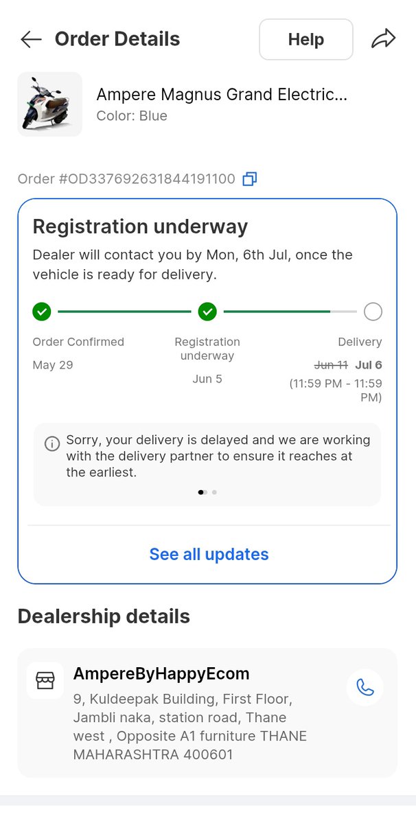 keen___observer's tweet photo. @flipkartsupport @ampere_ev 
I ordered Ampere electric scooty Magnus grand model from Flipkart on 29 May. After few days, I visited the store, but to my surprise I was said that the ordered model is not available.
Kindly help me with the cancellation and refund.
@jagograhakjago https://t.co/VCPDcxbc7G