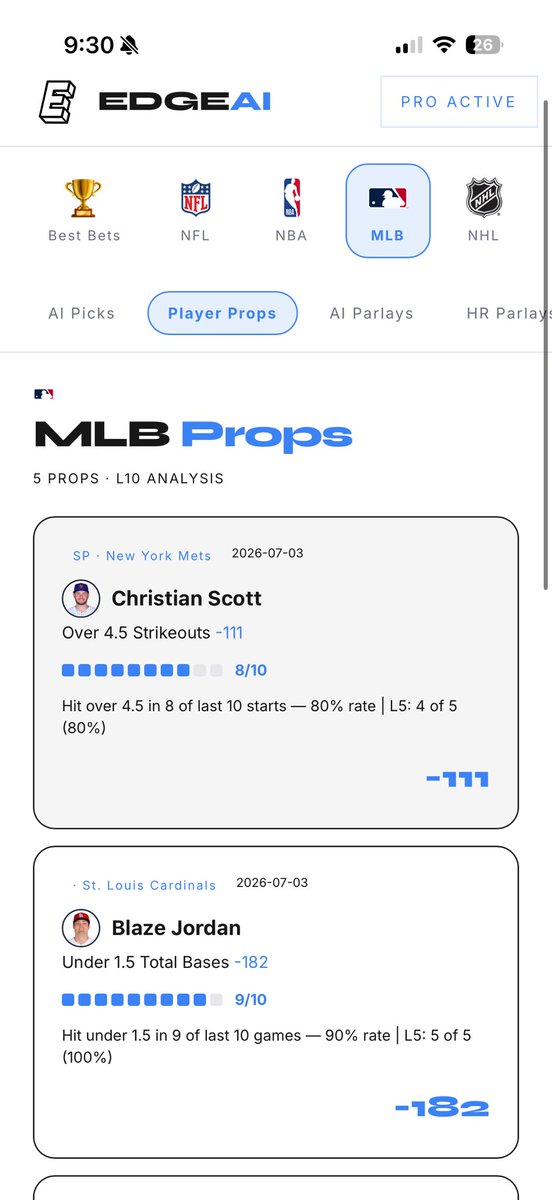 Edge_Ai_App's tweet photo. MLB Player Prop Parlay (+1242)

1. Christian Scott OVER 4.5 strikeouts 
2. Blaze Jordan UNDER 1.5 total bases 
3. Esmerlyn Valdez OVER 1.5 total bases 
4. Jake Magnum OVER 0.5 hits 

4 legs all stat backed. All posted in the app. Link in bio. https://t.co/yDLYzijblU