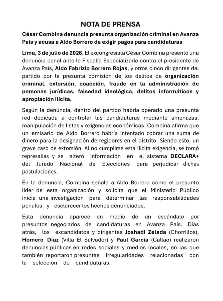 cesarcombina's tweet photo. Procedí a denunciar en Fiscalía una presunta organización criminal que opera en el Partido #AvanzaPais la que sería liderada por el personero legal Aldo Borrero. Esta organización se habría dedicado al cobro de cupos (extorsiones) para inscripción y designación de candidatos 1/2 https://t.co/1l8bo8Ydba