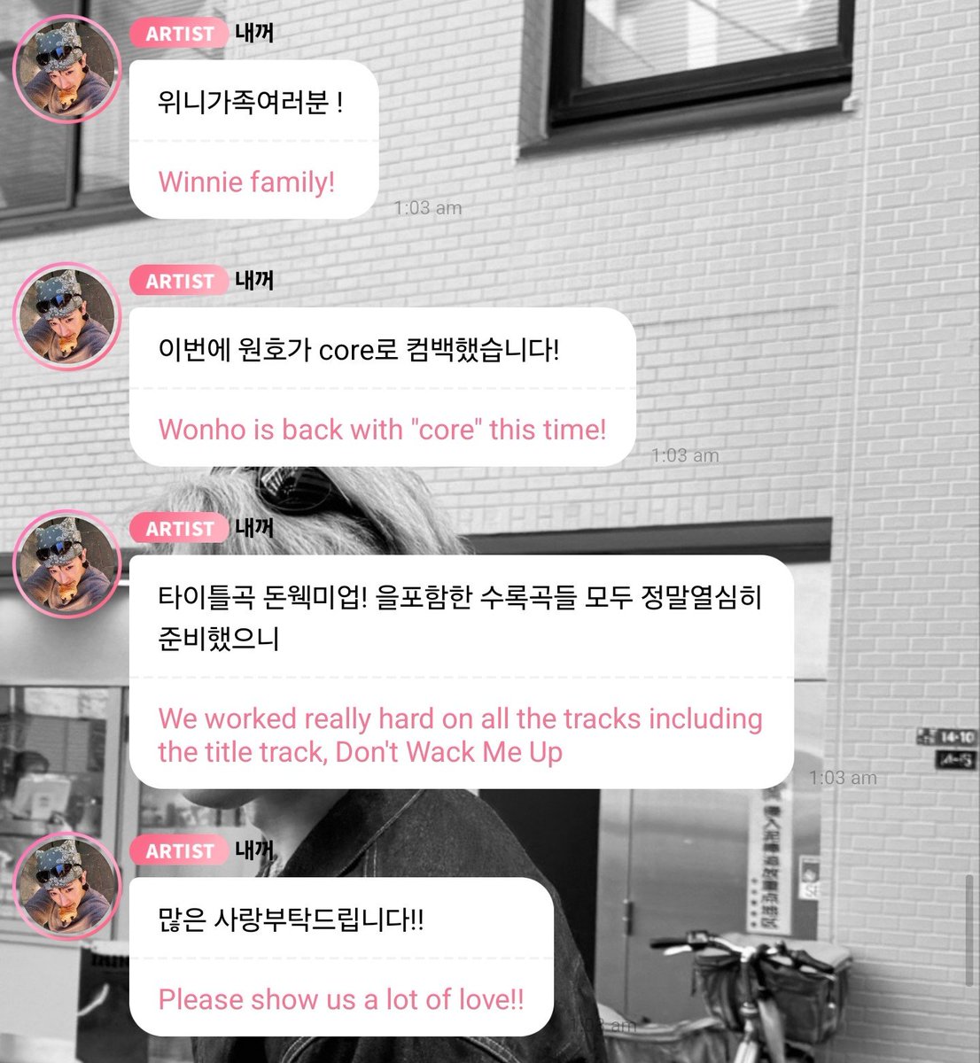 themalificent's tweet photo. Get you an idol who doesn't differentiate between his fanbase #WONHO #원호 😁

"I don't think about things like Korean albums or US albums" !

Also, the song "Promises" is R&B 👀

Wonho asked his Wenee family (🥹) to show lots of love to his new album CORE!

Also Wonho informed us that while he wears shorts constantly, he now has lots of scars from mosquito bites on his legs because this year there were so many compared to the last and he keeps scratching himself 🤧

Save him our poor bby 🫳🫳🫳🫳