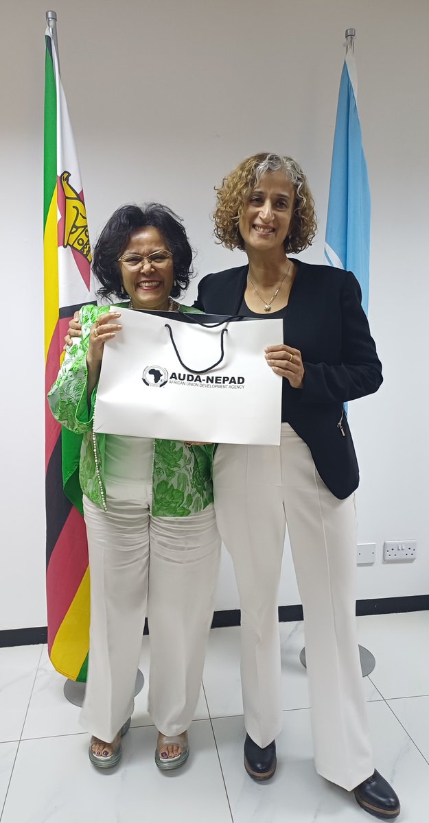 UNZimbabwe's tweet photo. H.E. Ms Nardos Bekele-Thomas, CEO of AUDA-NEPAD today paid a courtsey call on H.E. Dr Rosemary Kalapurakal, UN Resident Coordinator for Zimbabwe. During their meeting, they exchanged views on areas of shared priority &amp; explored avenues for closer collaboration. #UNSDCF #SDGs https://t.co/RwhRINlLYl