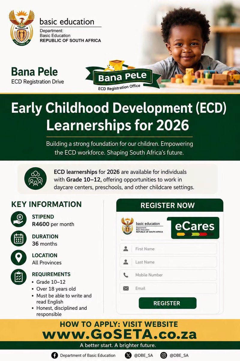 GoSETA_SA's tweet photo. Early Childhood Development (ECD)
Learnerships for 2026
#ecd #GoSETA https://t.co/OGMWlNfO6O