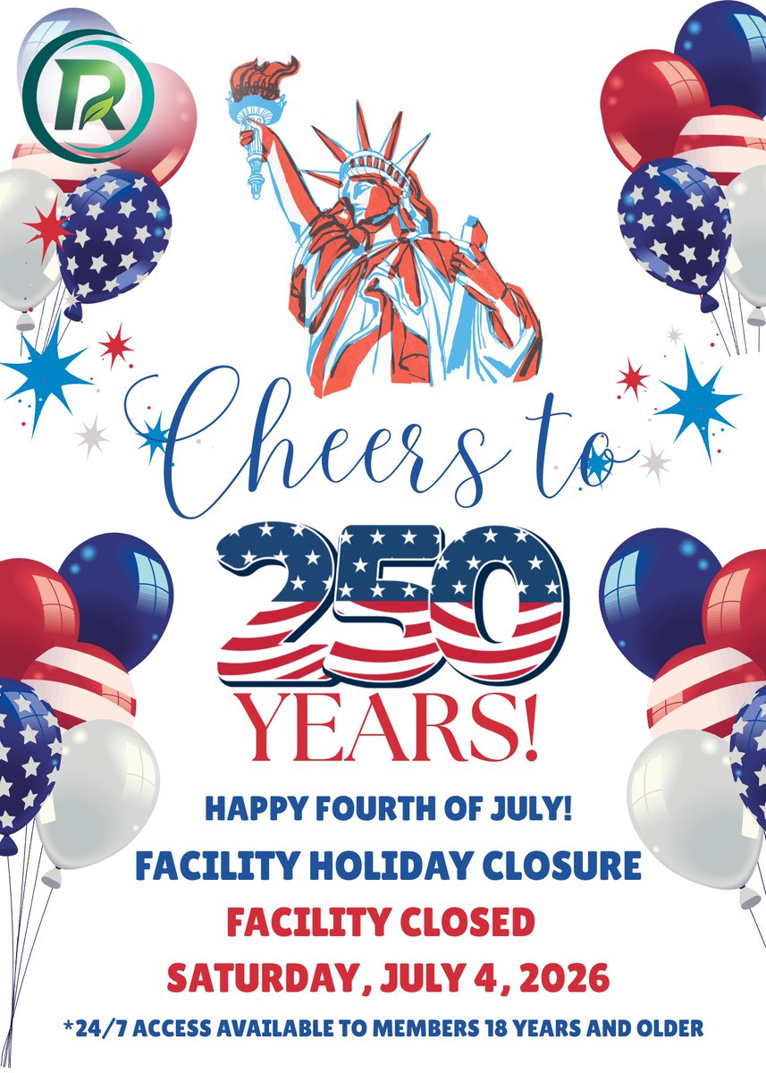 RemindervilleAC's tweet photo. Happy Independence Day! ❤️🤍💙🇺🇸

We wish everyone a fun, safe, and happy Fourth of July! 🎆🎆🎆

Facility Holiday Closure: The facility will be closed on Saturday, July 4, 2026, in observance of Independence Day.

*24/7 access will be open to members ages 18 and older only https://t.co/UEVT9fFEtI