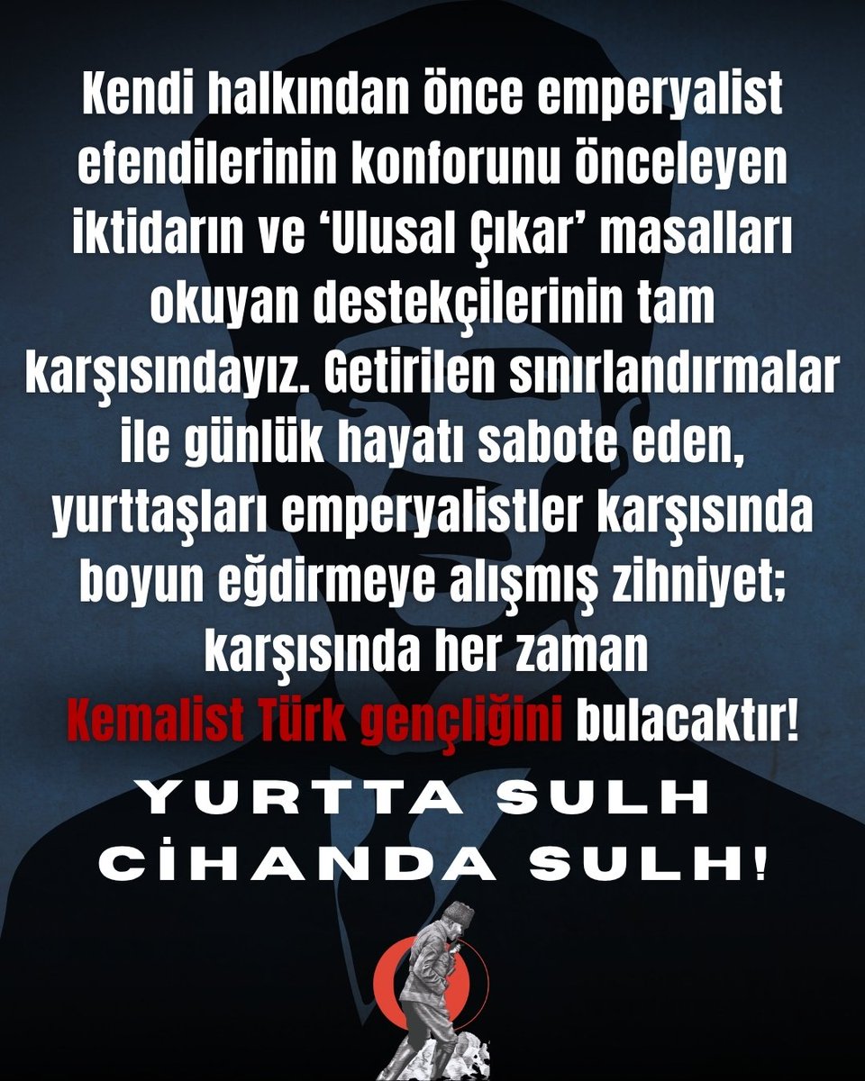 odtu_adt's tweet photo. Getirilen sınırlandırmalar ile günlük hayatı sabote eden, yurttaşları emperyalistler karşısında boyun eğdirmeye alışmış zihniyet; karşısında her zaman Kemalist Türk gençliğini bulacaktır!
Yurtta Sulh Cihanda Sulh!

#ODTÜ #Kemalizm https://t.co/5UuaQ3iAuD
