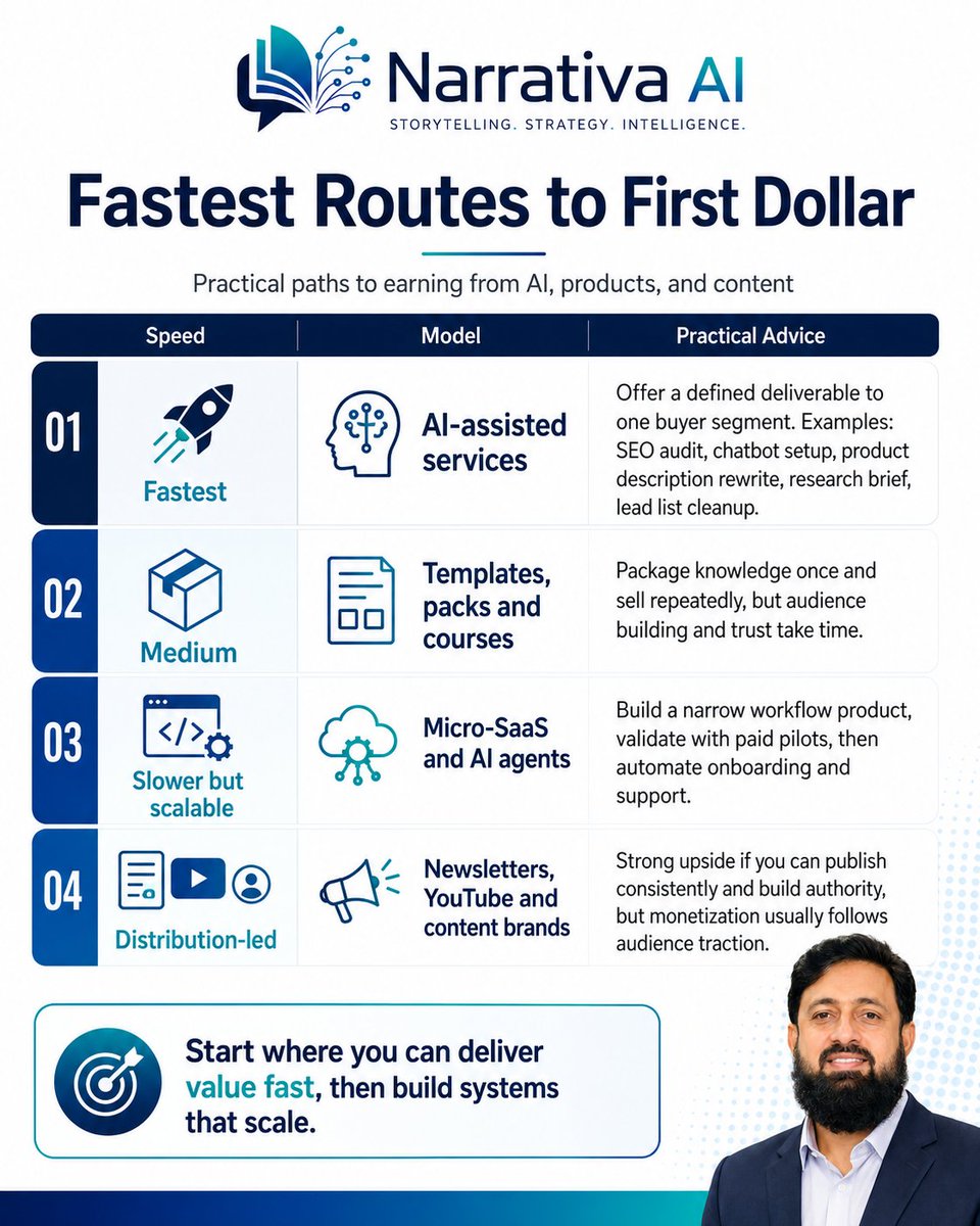 jasolangi's tweet photo. Fastest route to your first dollar online:

Not a big product.
Not a huge audience.
Not a perfect SaaS.
Start with AI-assisted services.
Offer one clear deliverable to one buyer segment.

First prove demand. Then scale.

#FirstDollar #AIservices #OnlineBusiness #MicroSaaS https://t.co/kLrGJ3SrKW