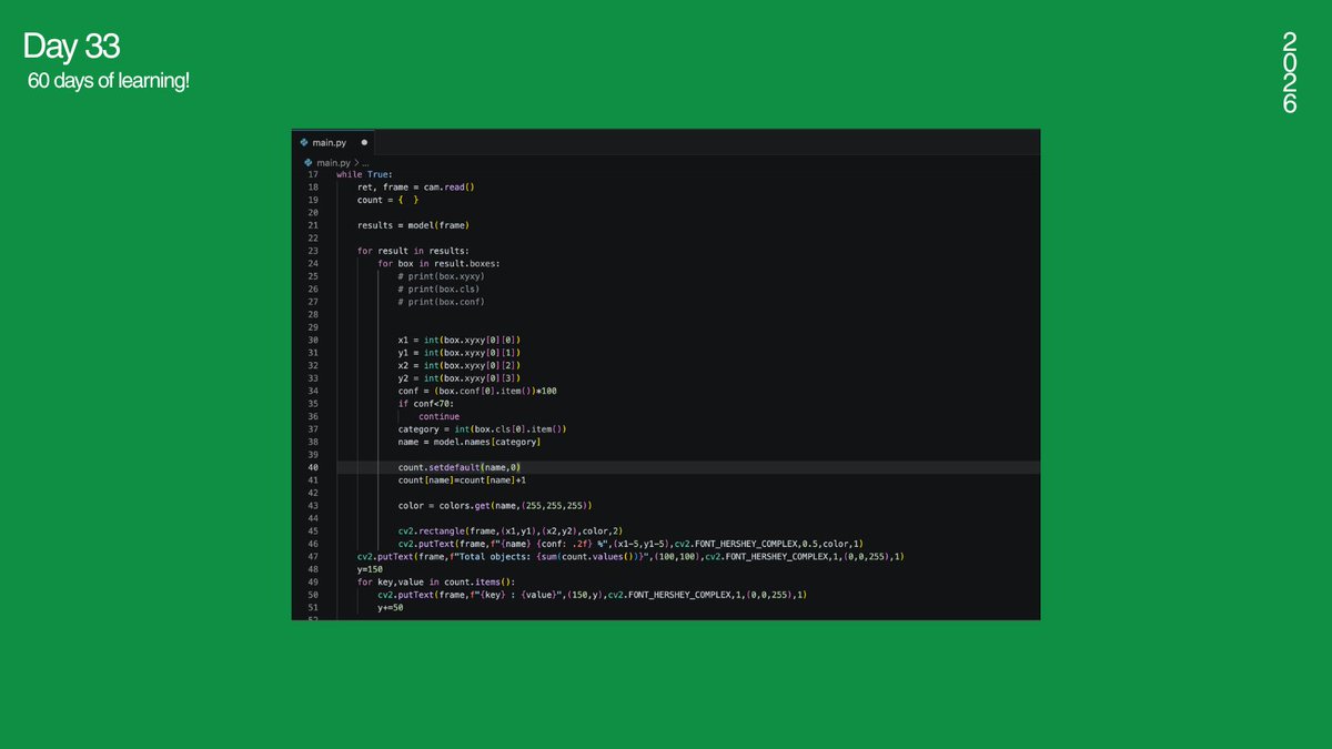 _amisharn's tweet photo. #LSPPDay33

Today I implemented object counting per class and total object count in each frame, learned about Python dictionaries and how it can dynamically store and update object counts.

#60DaysOfLearning2026 #LearningWithLeapfrog
@lftechnology 

#Python #OpenCV #YOLO https://t.co/rwr0PhUz7w