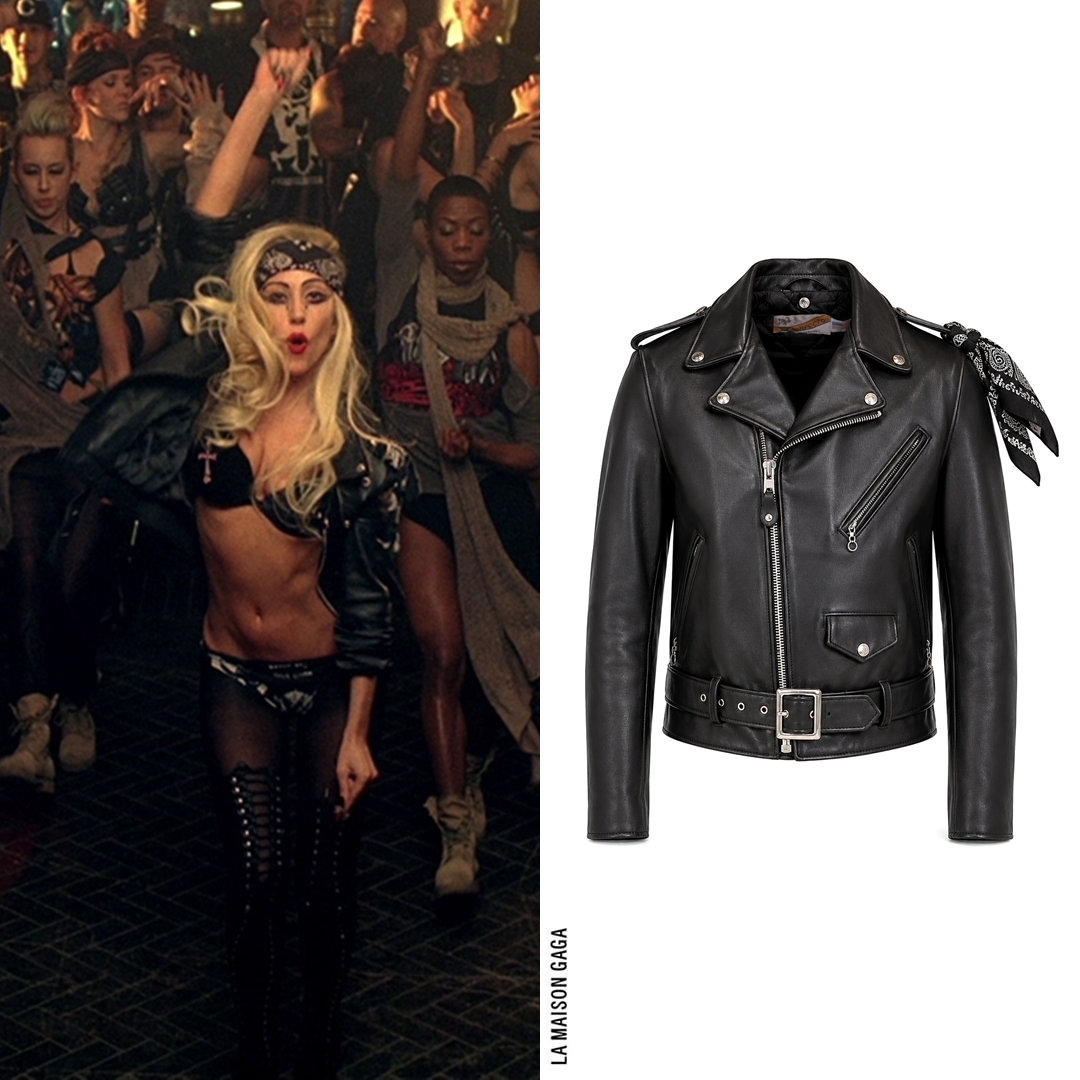 LaMaisonGaga_'s tweet photo. Inside of the 'Electric Chapel' bar, Mary wears a @SchottNYC 'Perfecto' biker jacket with custom #PerryMeek cross velvet bra and printed panties. The tights are @Capezio and her boots are from @McQueen's Fall/Winter 2011 runway! https://t.co/Co1C5qPPob