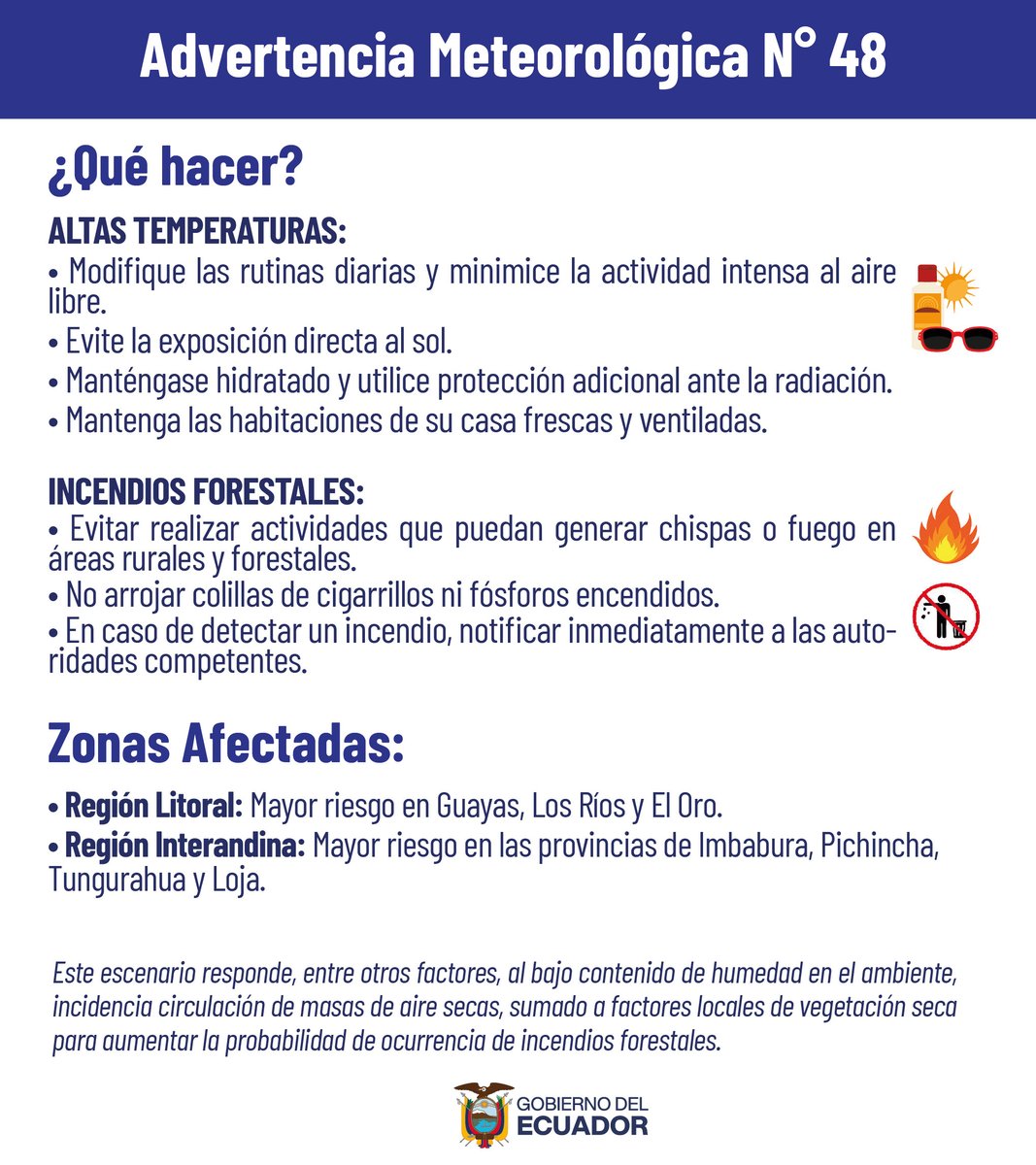 inamhi_ec's tweet photo. #AdvertenciaMeteorológicaEc #48 🌡️Entre el 04 y 07 de julio 2026 se prevé incremento de temperaturas diurnas  con mayor énfasis al norte-centro y sur de la región Interandina. Estas condiciones podrían favorecer la propagación de incendios forestales, mayor detalle a continuación https://t.co/nB3fLTGtNk