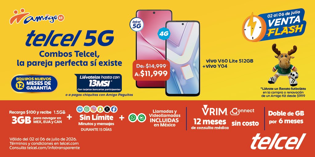 Telcel_bajio's tweet photo. ¡La pareja perfecta sí existe! 💕 
Aprovecha la Venta Flash y estrena el combo vivo V60 Lite + vivo Y04 en Amigo Kit. Tendrás el doble de GB por 6 meses para navegar por todo el Bajío 🚀 y un Renato futbolista de regalo. ⚽🦌 

¡Ven ya mismo! 📱 https://t.co/UqaPnsw9Pp