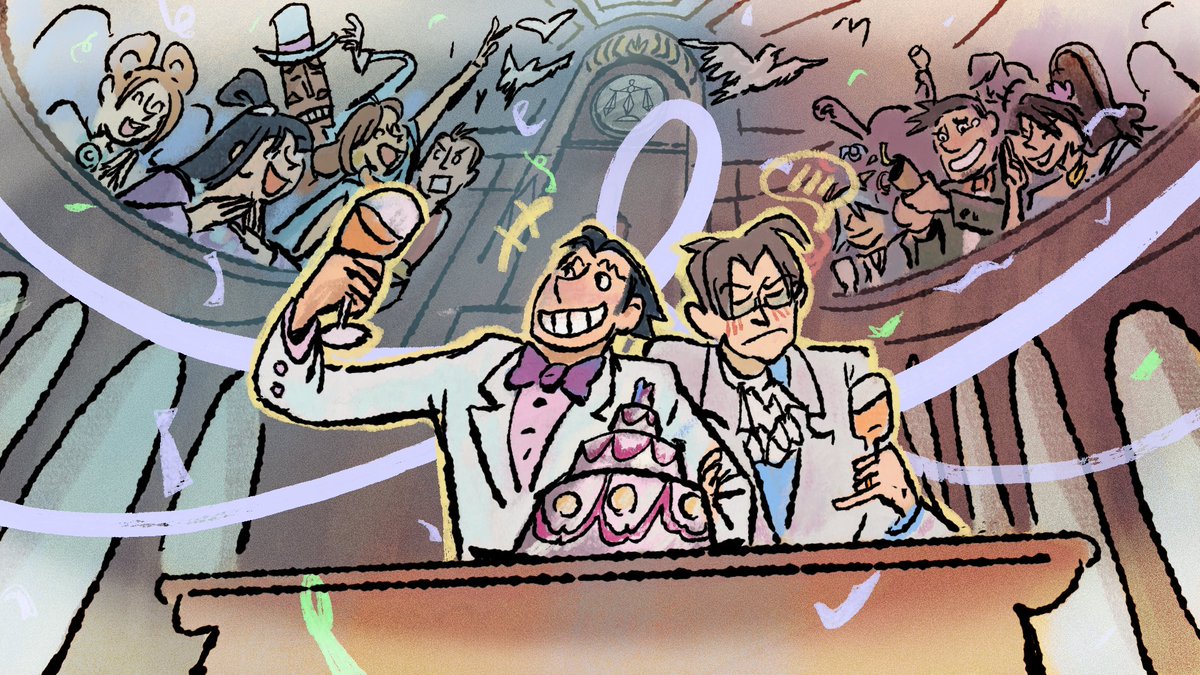 rekteddd's tweet photo. Courtroom wedding scene where “will you marry me” SOJ ost plays immediately followed by Steel Samurai theme and then everyone starts dancing in the ending cut scene. Happy nrmt day #nmweek26 #narumitsu #逆転裁判 https://t.co/37LSZtavOE