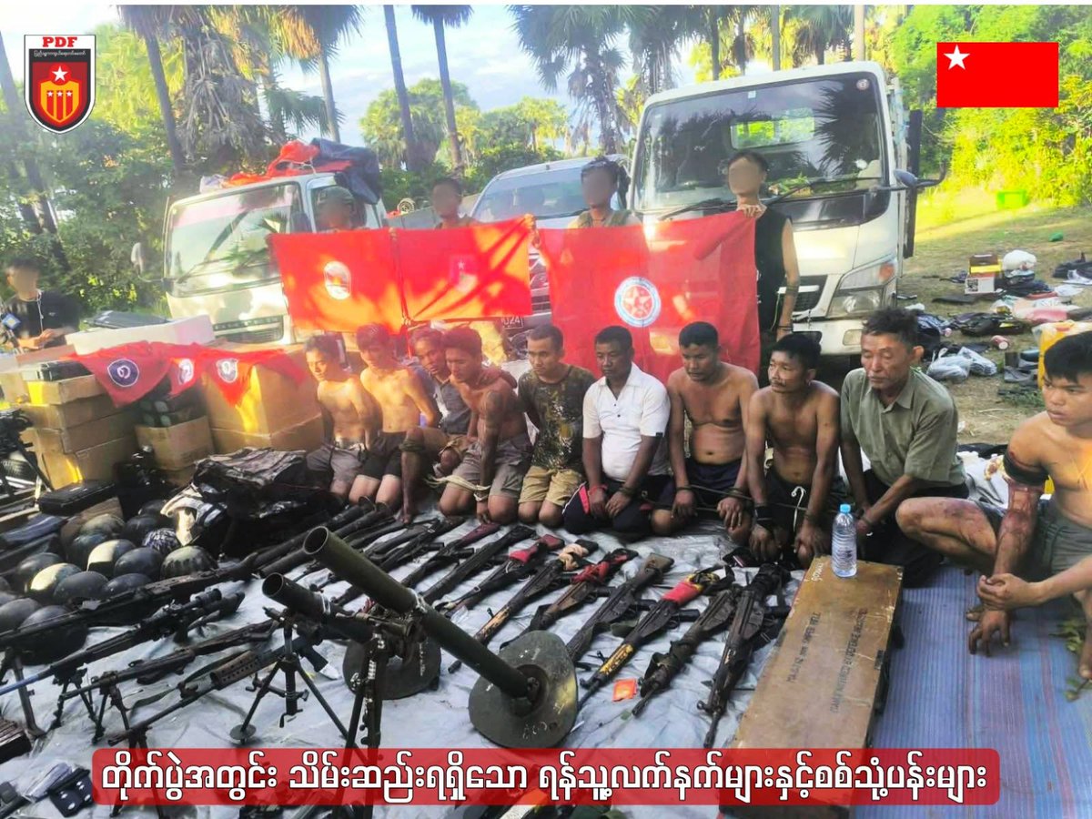 pdfhq_modnug's tweet photo. Military News Release by Myingyan District Command under Mandalay Region Command

July 3, 2026

Myingyan District Command reports clashes near Ein Gyi Taw Village in Mahlaing Ts (July 2): 2 junta troops killed, many injured. Joint forces seized 20 assorted weapons and mortars, drones with related equipment, and various ammunition. Despite the junta using 2 Mi-35 combat helicopters for air support, #PDF joint forces successfully launched the attack.

#Myanmar #SpringRevolution #AntiJunta