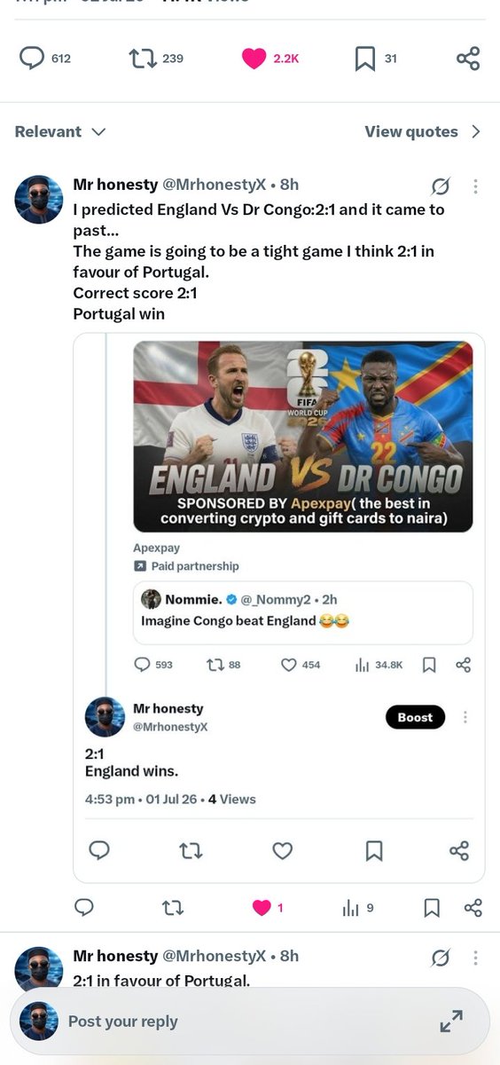 MrhonestyX's tweet photo. @john322226 @apexpaynigeria I got 2/3 of the game ls you asked us to predict boss, 
England Vs Dr Congo 2:1 ✅
Portugal Vs Croatia 2:1✅
Spain vs Austria 2:1 ❌ https://t.co/tA8lc3RIgz