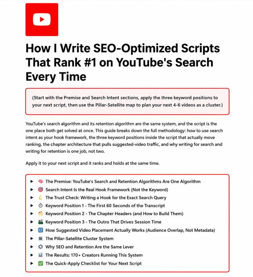 fyreinteractive's tweet photo. i’ve seen creators hit 100,116 views on their 1st video simply because they ranked #1 on youtube search

all by (autistically) optimizing SEO on their:

→ script
→ title
→ tags
→ desc

so i broke down the entire SEO-rich keyword research and scripwriting strategy to build these evergreen cash generation machines

(this strat literally allows you to bank off youtube videos posted months ago instead of betting on unreliable short-form virality)

here's what's inside:

→ the one-algorithm premise
(youtube's search and retention algorithms run on the same engine, relevance and engagement feed each other, so the day your retention dips your ranking slides with it)

→ the trust check hook
(the search query a viewer typed sets a specific expectation, your first 50 words confirm THAT exact expectation or retention cliffs at 20 seconds, the good vs bad example inside shows where the click turns into a bounce)

→ keyword position 1
(the first 60 seconds of your transcript is what youtube classifies the video on, the transcript IS metadata, so the primary keyword goes into the hook where it's actually watched, not bolted onto a meta-statement)

→ keyword position 2
(chapter headers written as long-tail keyword variants tell the classifier you cover the FULL topic, which is how one video ranks for a whole cluster of searches instead of a single phrase)

→ the session-time outro
(session time is the strongest ranking signal youtube has, so the outro restates the keyword and chains a curiosity gap into the next video, the move that keeps the session running and the ranking climbing instead of dying at the end screen)

→ the pillar-satellite cluster
(1 pillar plus 4-6 satellites with outros cross-linking each other, suggested-video placement runs on audience overlap and session behaviour not tags, so you engineer your own internal traffic independent of search entirely)

all backed by my experience writing 7,000+ scripts responsible for 150M+ client views

like + comment "SEO" and i'll send EVERYTHING over

(must be following + RT for priority access)