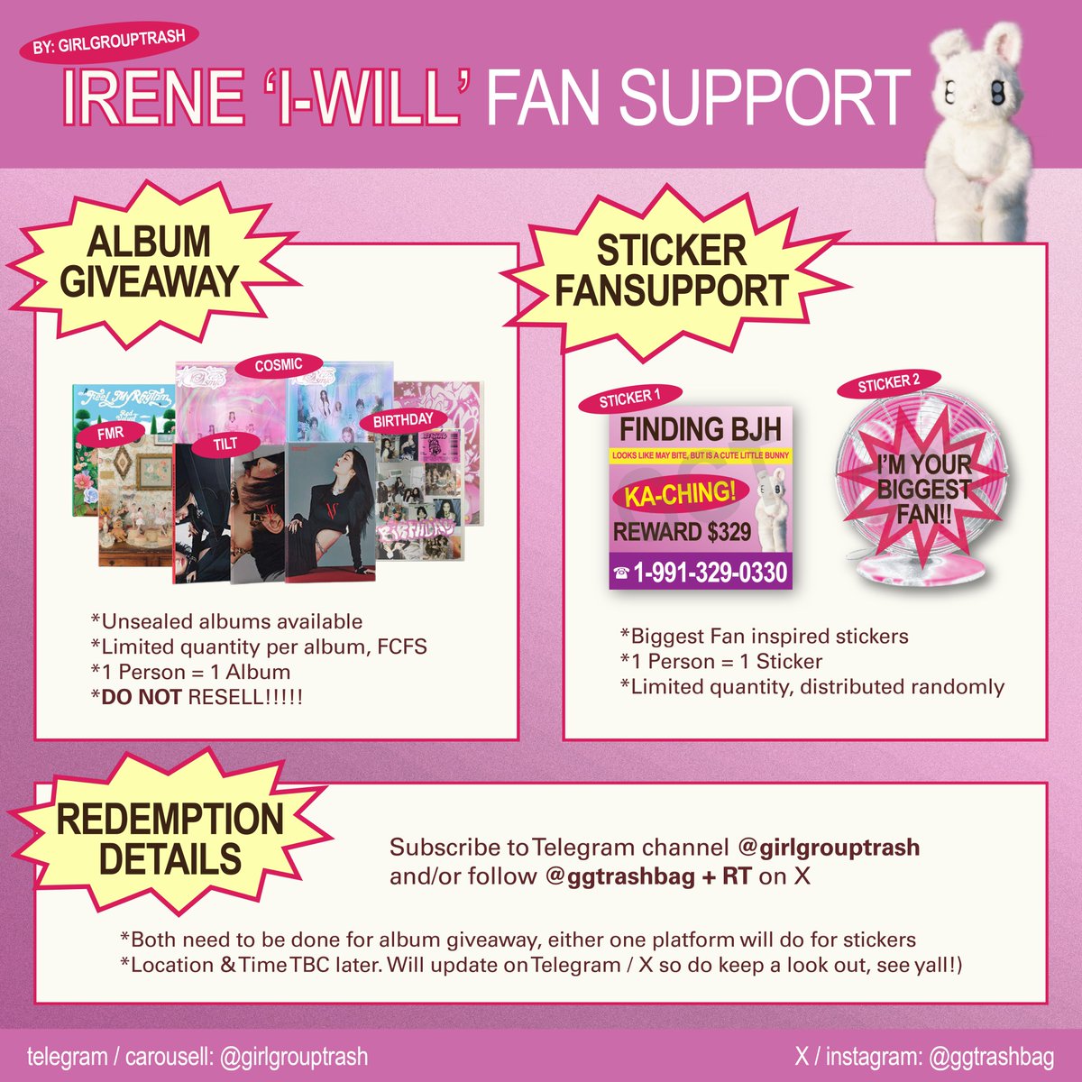 ggtrashbag's tweet photo. hey reveluvs! 🎀
would be giving out some albums &amp; stickers at the concert venue ᵔ ᵕ ᵔ
╰ limited qty, fcfs
╰ 1 person = 1 album + sticker
╰ follow @ggtrashbag + RT and/or subscribe to tele https://t.co/RJ6KUEmnZW

#IRENE #아이린 #IRENEinSG #IRENE_IWILL_IN_SINGAPORE https://t.co/BBKIBqDLma
