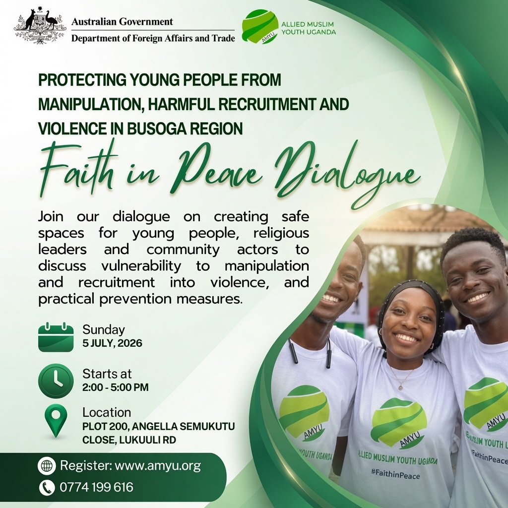 AMYUganda's tweet photo. Faith in Peace Dialogue. 
Protecting Young People from Manipulation, Harmful Recruitment &amp; Violence in Busoga Region. Join religious leaders, young people &amp; community actors for honest dialogue on creating safe spaces and practical prevention measures.
#FaithInPeace #AMYUPeace https://t.co/8dWWwl78qN