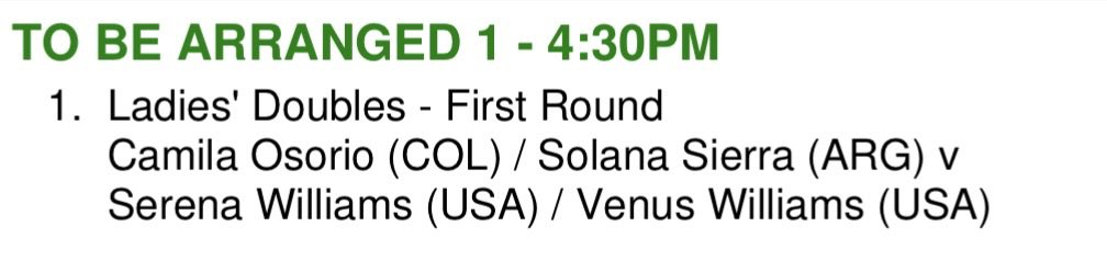 MichalSamulski's tweet photo. Saturday intended schedule incl. Serena/Venus Williams (court to be announced) #Wimbledon https://t.co/Gwgum2aYGh
