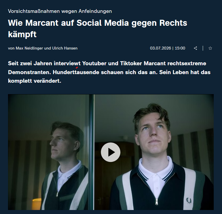 edwin_schupp's tweet photo. Während andere nur posten, geht Marcant hin:  
auf Nazi-Demos, Mikro in der Hand, Fakten im Gepäck. 
500k Follower später und tägliche Morddrohungen. Respekt.  
ZDF-Reportage über den wohl mutigsten Anti-Rechts-Creator Deutschlands
https://t.co/iu6QgMNReS https://t.co/AUxFgRAqEd