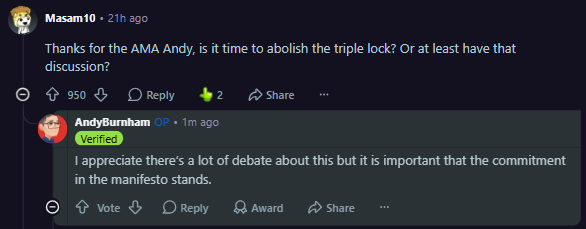 PolitlcsUK's tweet photo. 🚨 BREAKING: Andy Burnham announces on Reddit that he will keep the state pension triple lock https://t.co/fJLnxurfUL