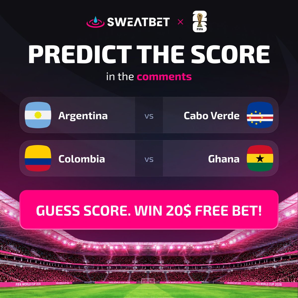 sweatbetio's tweet photo. 🚨Predict the scores of todays #FIFAWorldCup matches and win Free Bet!    

🇦🇷vs🇨🇻
🇨🇴vs🇬🇭

*valid until 23:59 CET today*regular time results only   

HF GL! https://t.co/6qoOv843j4