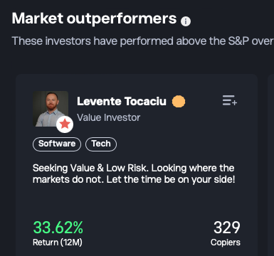 TocaciuL's tweet photo. Most investors don't underperform because they pick the wrong stock.

They underperform because they buy emotionally, sell too early, or don't stay invested.

That's why I like copy trading on @eToro 

It gives investors access to a proven strategy while removing much of the emotion from investing.

My approach is simple:
📈 Long-term investing
🛡️ Risk Score: 4
💼 Focus on high-quality, undervalued businesses
📊 ~20% annualized return since 2020
✅ +14.74% YTD in 2026

No hype. No chasing trends. Just disciplined investing and continuous portfolio management.

If that aligns with your investing philosophy, feel free to check out my portfolio.

⚠️ 𝑃𝑙𝑒𝑎𝑠𝑒 𝑟𝑒𝑚𝑒𝑚𝑏𝑒𝑟: 𝑝𝑎𝑠𝑡 𝑝𝑒𝑟𝑓𝑜𝑟𝑚𝑎𝑛𝑐𝑒 𝑖𝑠 𝑛𝑜𝑡 𝑎𝑛 𝑖𝑛𝑑𝑖𝑐𝑎𝑡𝑖𝑜𝑛 𝑜𝑓 𝑓𝑢𝑡𝑢𝑟𝑒 𝑟𝑒𝑠𝑢𝑙𝑡𝑠. 𝐼𝑛𝑣𝑒𝑠𝑡𝑖𝑛𝑔 𝑖𝑛𝑣𝑜𝑙𝑣𝑒𝑠 𝑟𝑖𝑠𝑘, 𝑎𝑛𝑑 𝑦𝑜𝑢𝑟 𝑐𝑎𝑝𝑖𝑡𝑎𝑙 𝑖𝑠 𝑎𝑡 𝑟𝑖𝑠𝑘.

#CopyTrading #Investing #ValueInvesting #LongTermInvesting #eToro