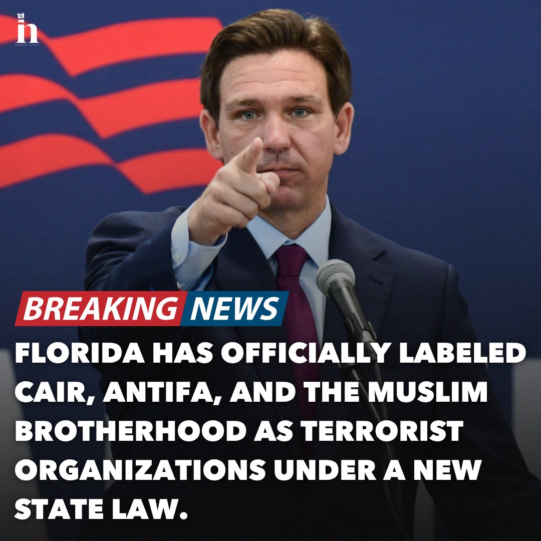 HananyaNaftali's tweet photo. Governor Ron DeSantis just blacklisted CAIR, Antifa, and the Muslim Brotherhood under Florida's new anti-terrorism law. 

THANK YOU FLORIDA! 🇺🇸 https://t.co/DKccnsuR6a