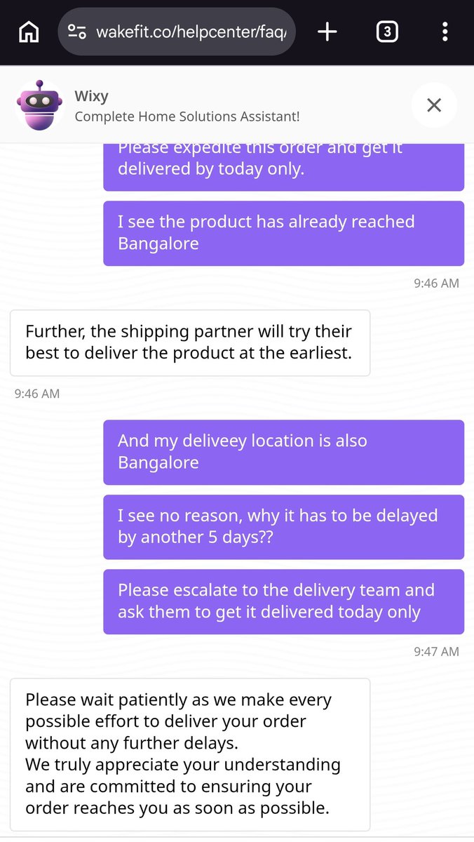 Ecstatic_Rohit's tweet photo. @WakefitCo @SupportWakefit Delivery date was given as 3rd July, but now suddenly the date got changed to 8th July.
Ironically, the product has already reached Bangalore and still the delivery date got extended by 5days.
Why can’t you deliver on the promised date? 
PATHETIC! https://t.co/jryzi2xPXd