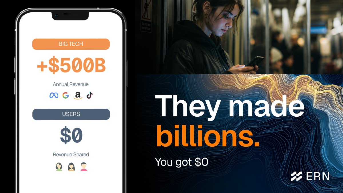 ERNData's tweet photo. Big Tech built empires on user data. 
You created it. They kept the value.

Why are users left out of the systems they power?

ERN is building a consent-first model where participation starts with you.

Does this feel fair? If not, follow along and let's change it together!