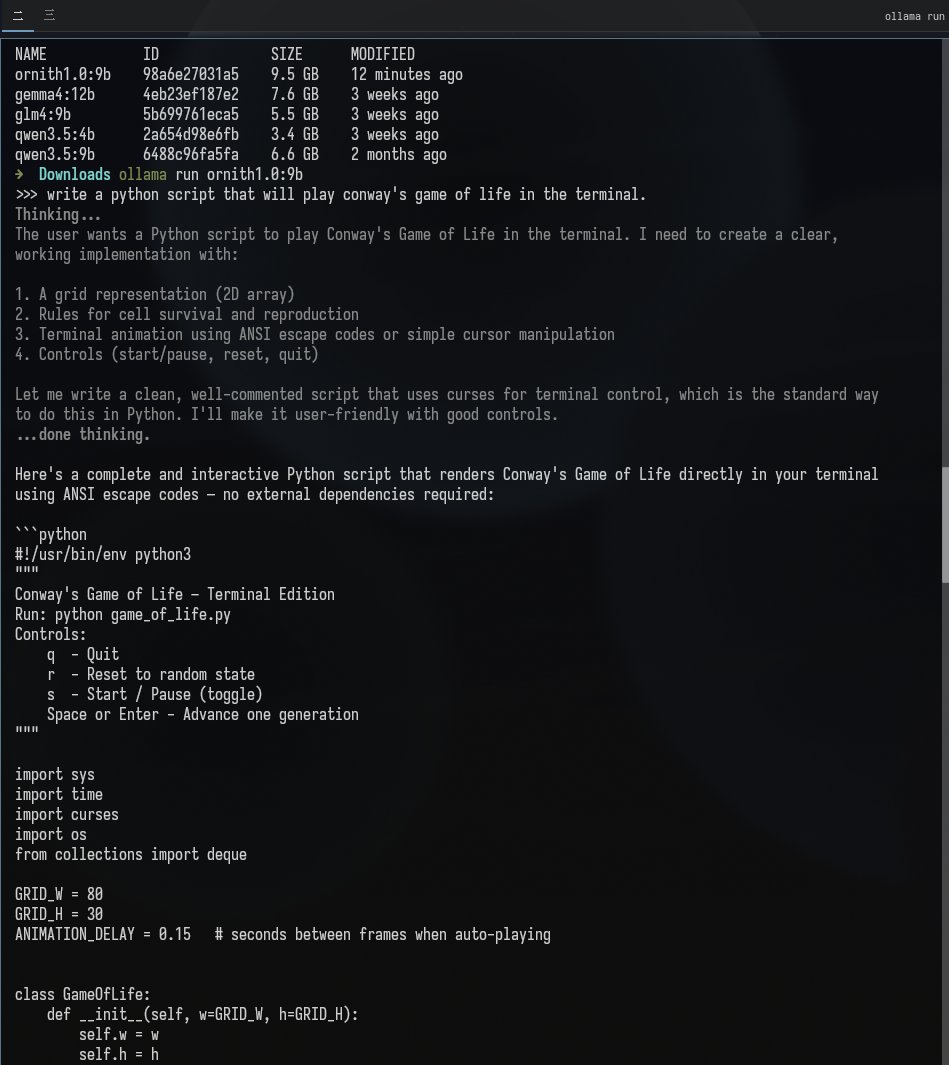 _andrewthecoder's tweet photo. I ran Ornith (9b 8Q) on my laptop (AMD Ryzen 5 7530U - 16GB DD4 memory). No harness or tools, just a straight prompt. It made a single mistake, which I caught immediately and reported back...it fixed it! 
This is proof. Open weight models are going to be good enough very soon, even on average hardware. For some of us, it is all we need (just being honest, if a model can write GoL, it is as smart as I need it to be)...