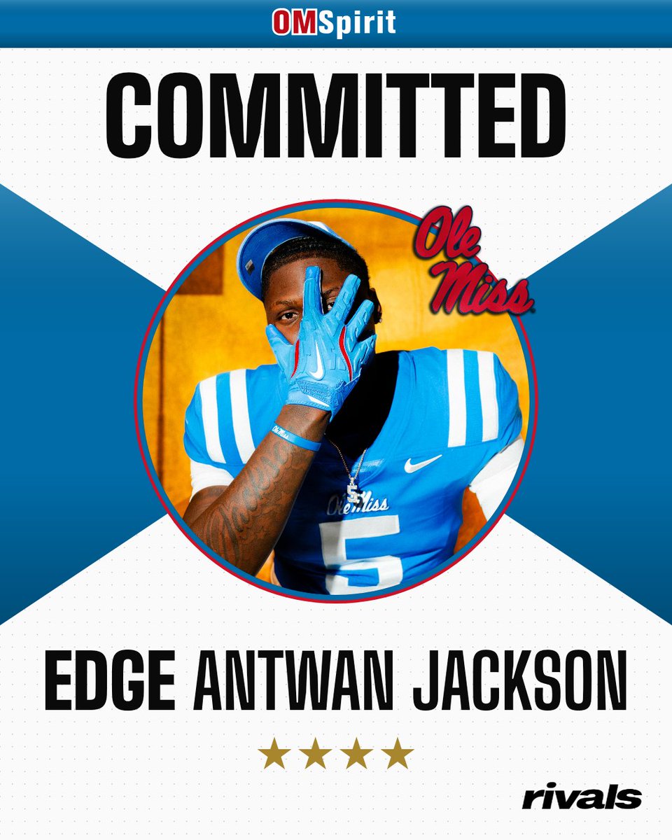 Zach_Berry's tweet photo. BREAKING: White Station (Tenn.) 4-star EDGE Antwan Jackson commits to Ole Miss over Alabama and Missouri 🦈 

Randall Joyner and Ole Miss are COOKING. Six 4-star DL commits. 14 blue chips overall. Top 10 class loading

READ: https://t.co/45xMb55kZA https://t.co/9Jm74Cd4vC