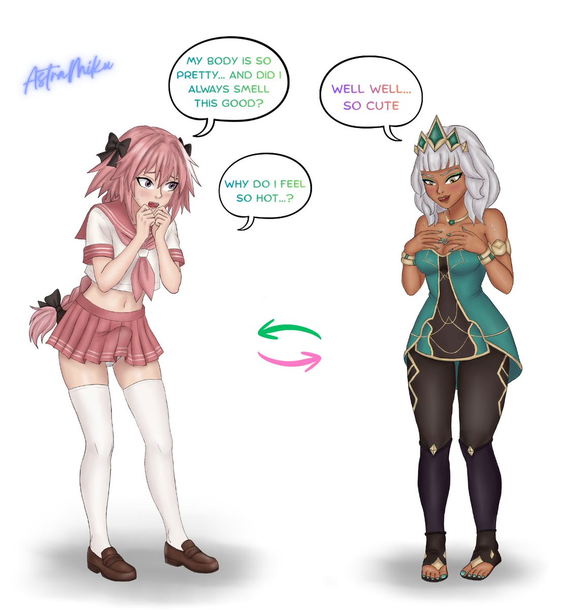 Astra_Miku's tweet photo. Here's a really funny commission~
An awkward but also thrilling situation between Qiyana and Astolfo ✨️

#bodyswap #tsf #fate #leagueoflegends #astolfo #qiyana #r18 https://t.co/GGiGYehYVa
