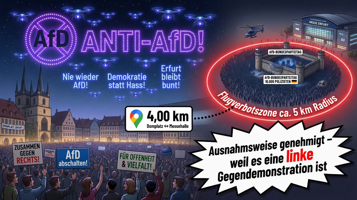 JBehr_Presse's tweet photo. @Polizei_Thuer Bitte um ein Pressestatement warum eine Linke Dronenshow genehmigt wurde innerhalb der Flugverbotszone von 5 km um das Messegelände.#EF0407 #afd #messe #erfurt #drohne #show #antiafd #domplatz https://t.co/0IYBWitUjy