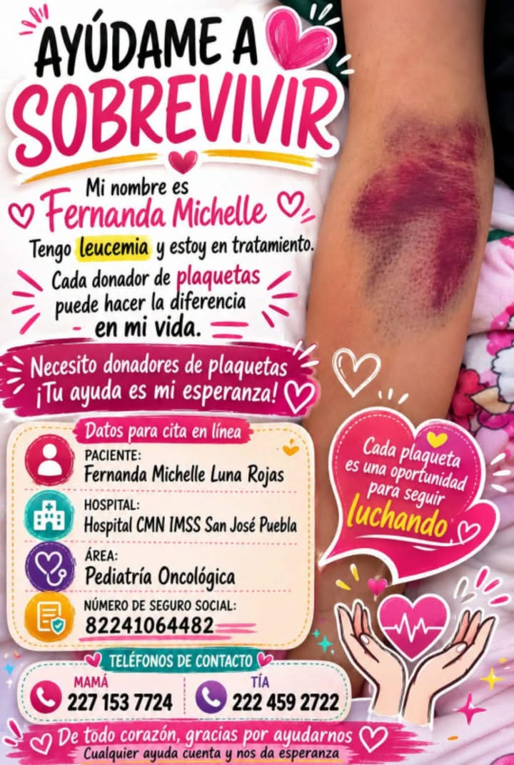 laredcincoradio's tweet photo. #ServicioSocial 🩸 || Se solicitan donadores de plaquetas para la paciente Fernanda Michelle Luna Rojas, quien se encuentra en Pediatría Oncológica del Hospital CMN IMSS San José, en Puebla. https://t.co/Lad9BXbSsG