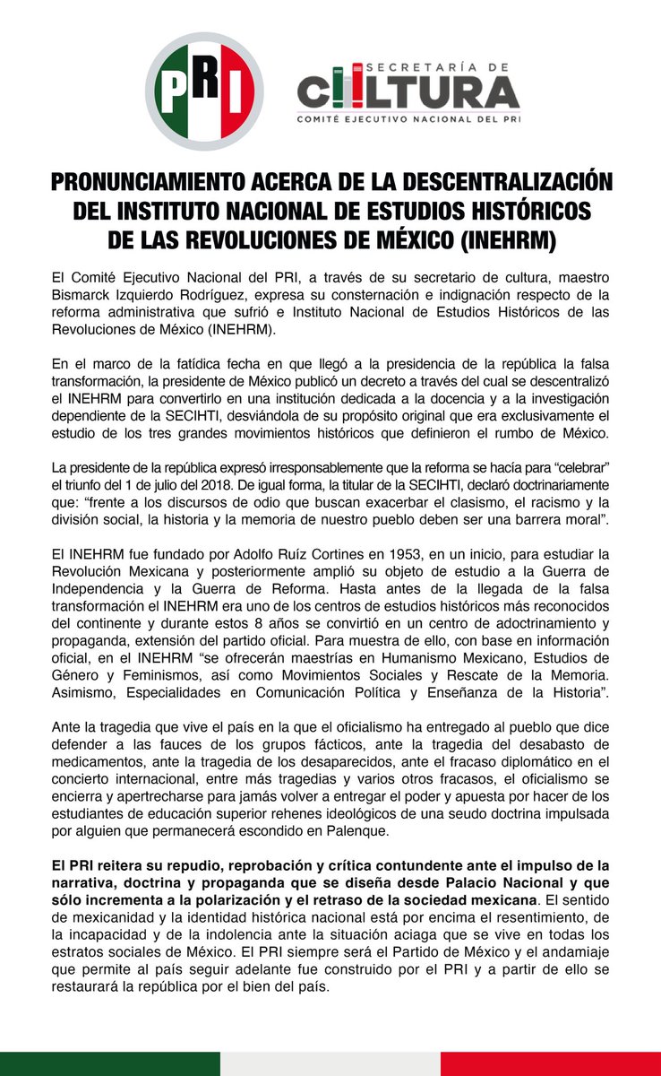 CulturaCENPRI's tweet photo. Compartimos el pronunciamiento del @PRI_Nacional relativo a la reforma realizada al @INEHRM recientemente.
Para @Claudiashein y @PartidoMorenaMx es fundamental reinterpretar la historia de México para convertirla en propaganda y adoctrinamiento militante.
@Secihti_Mx https://t.co/43YQS6p2xA