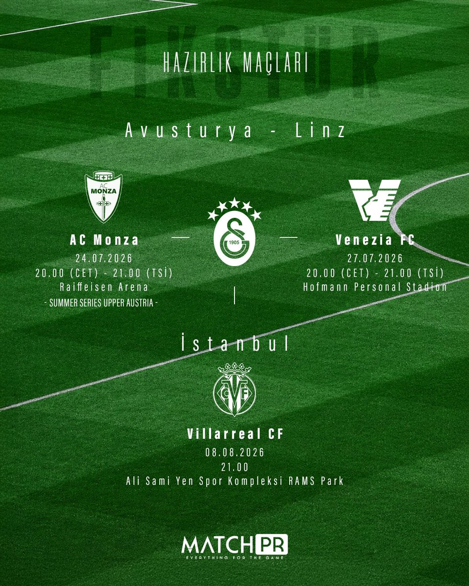 webaslan's tweet photo. 🚨Galatasaray’ın hazırlık maçları programı belli oldu!

🗓️ 24 Temmuz 🆚 Monza

🗓️ 27 Temmuz 🆚 Venezia

🗓️ 8 Ağustos 🆚 Villarreal https://t.co/EzXunhuhRC