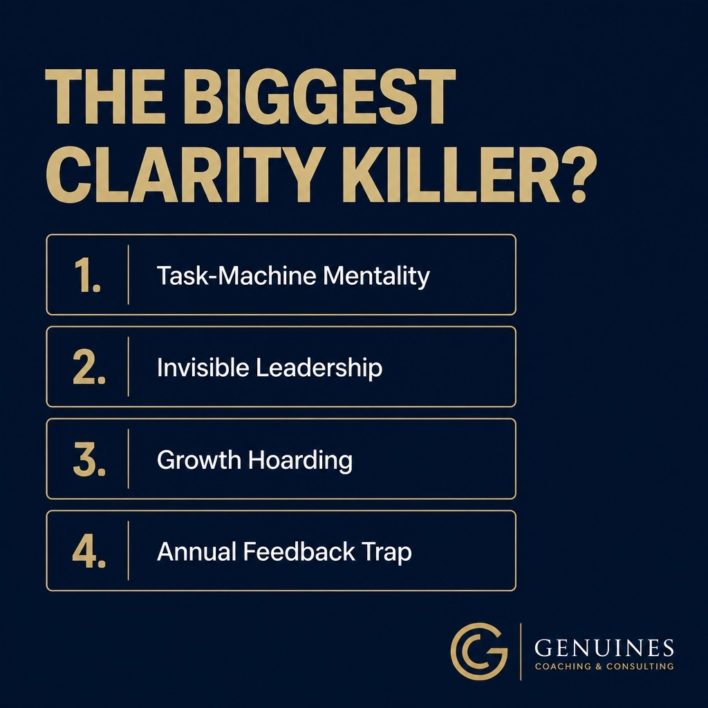 RedenDionisio's tweet photo. Clarity is the antidote to drift. Which clarity killer is stalling your team?

1. Task-Machine Mentality
2. Invisible Leadership
3. Growth Hoarding
4. Annual Feedback Trap

Identify the deviation. Recalibrate with our Alignment Assessment.

#FridayPoll #StopTheDrift https://t.co/6noCwHyUtz